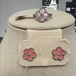 Stainless Steel Pink Flower Ring and Stud Earrings Set